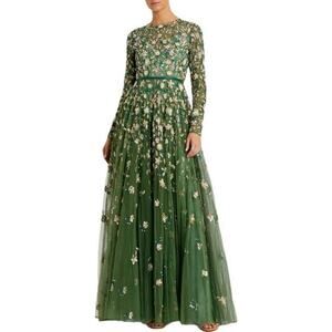 Embellished High Neck Long Sleeve A Line Gown - Sage A-line